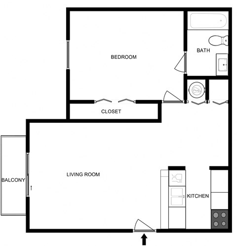 Floor plan for 1 bed, 1 bath, 750 sqft